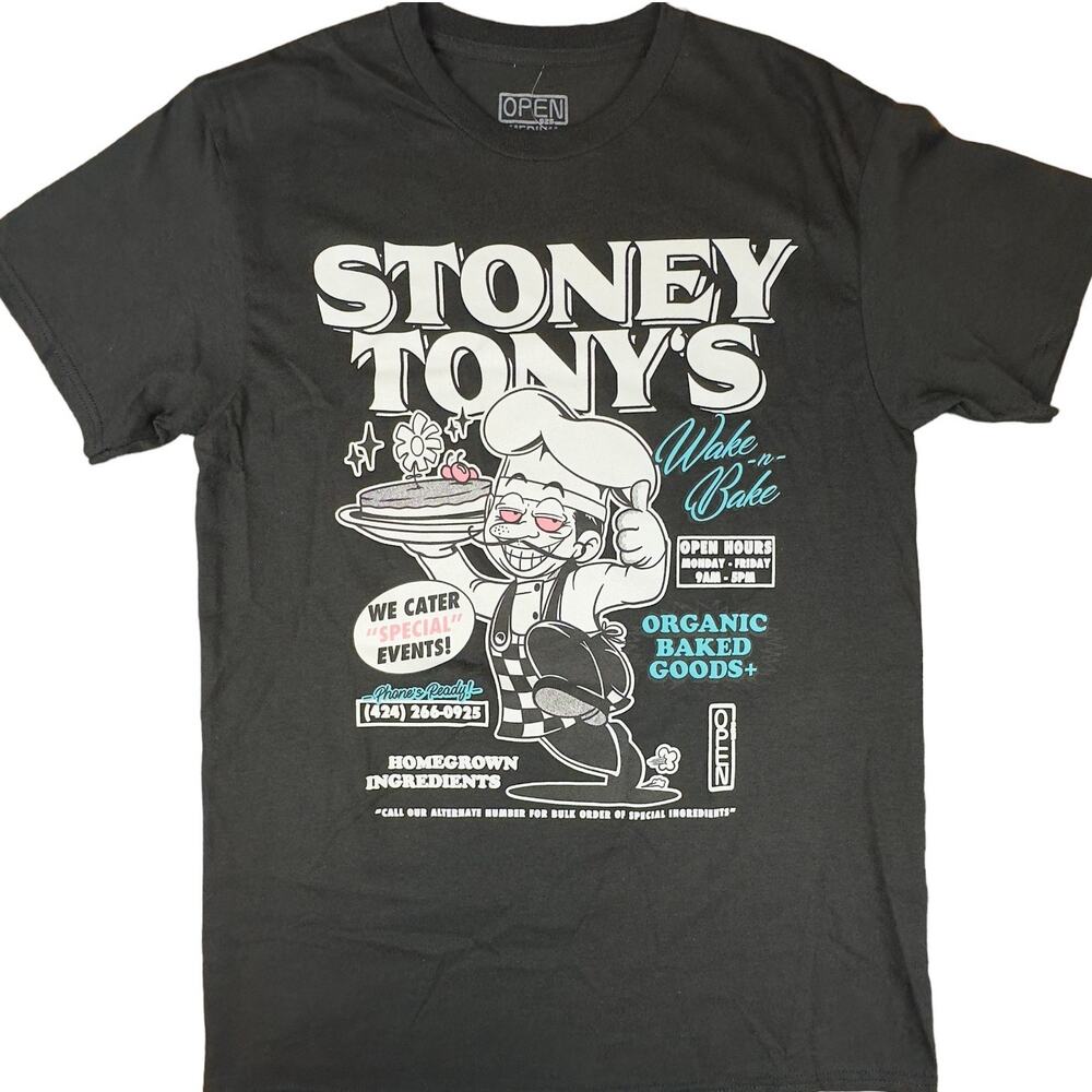 NWT Open 925 Stoney Tony's Wake n Bake Chef Black Graphic T-Shirt Size Medium
